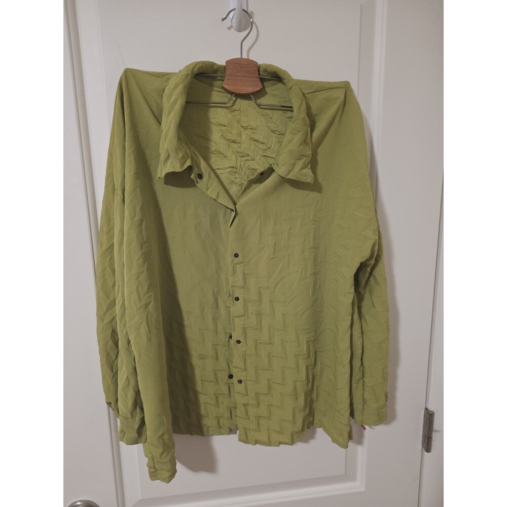 Babette SF Crinkle Pleated Lagenlook Green Button Front Top S Artistic